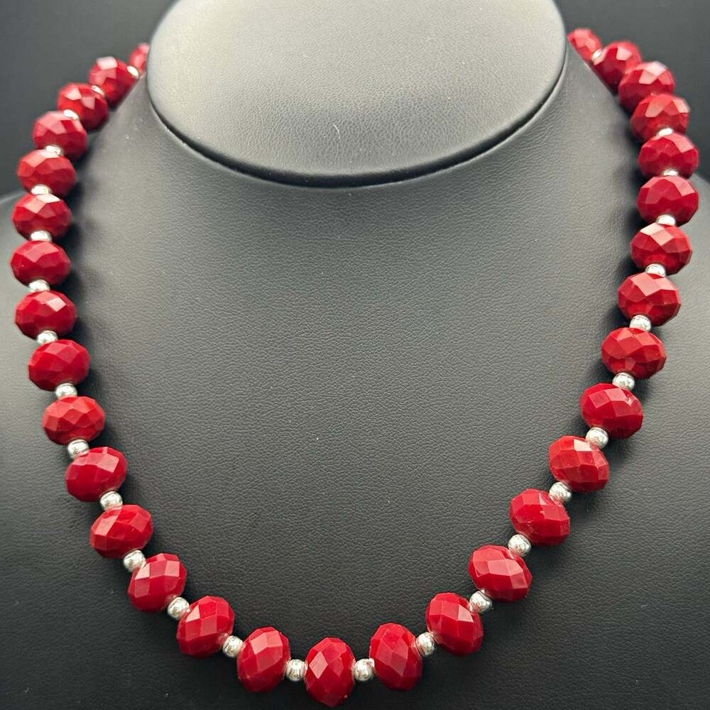 Deep Red Faceted Glass Bead Necklace Silver Tone 18-20โ adjustable